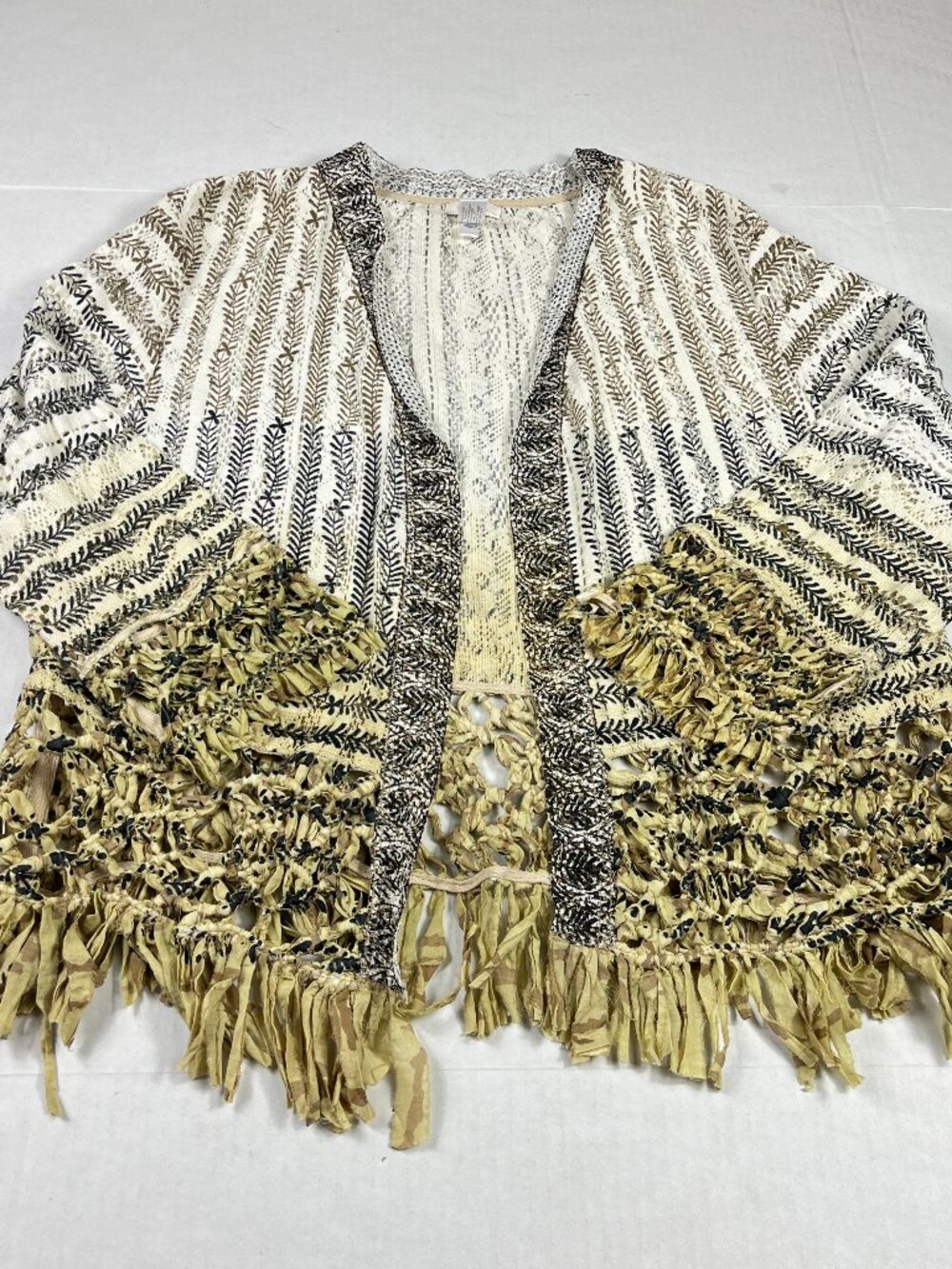 Chicos Fringe Cardigan Textured Open Knit Jacket Patterned Casual Layered 2 L